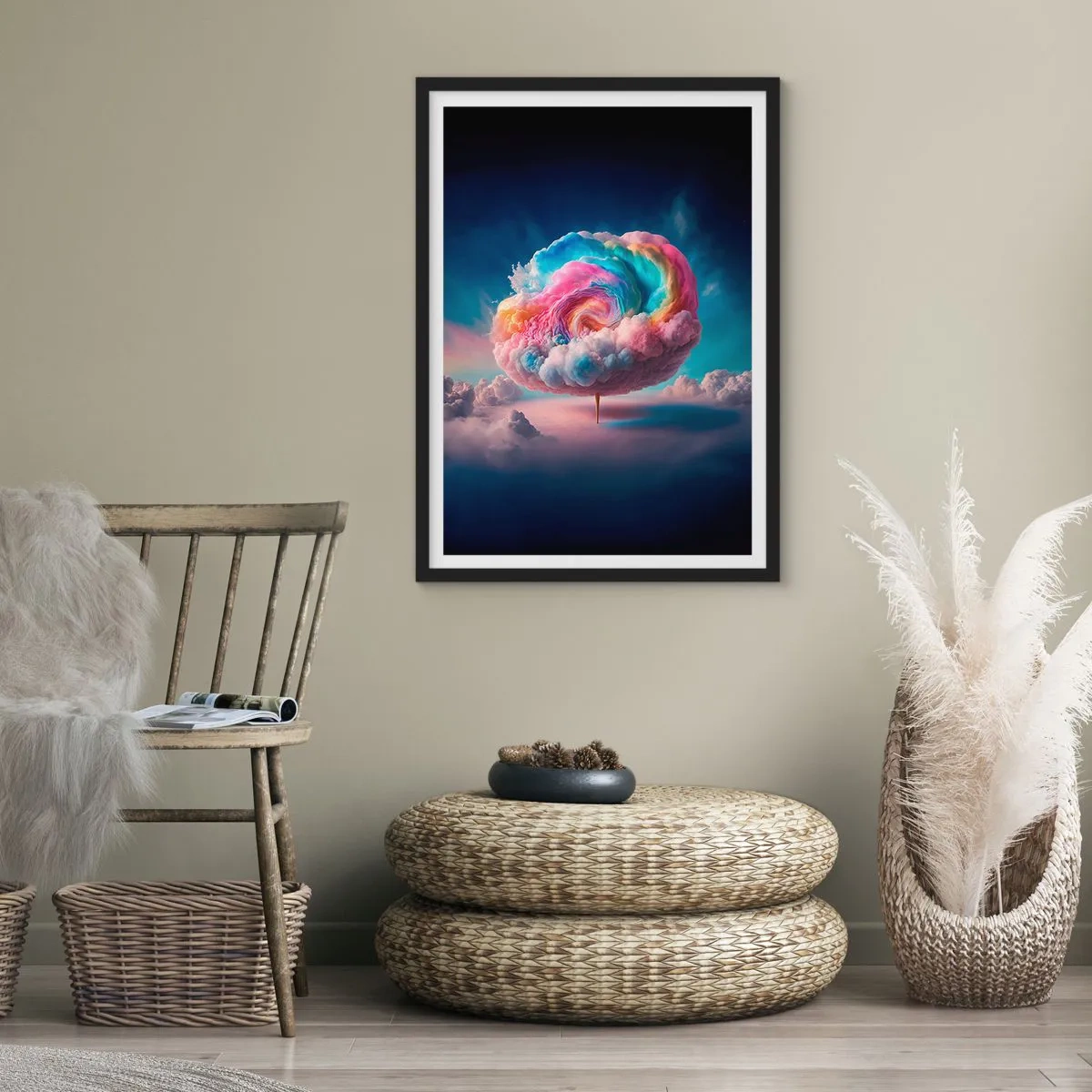 Affiche dans un cadre noir - Poster - Un nuage coloré et abstrait tourbillonnant dans l'espace - 50x70cm - Le rêve d'un parc d'attractions - Décoration murale moderne pour le salon et la chambre ARTTOR
