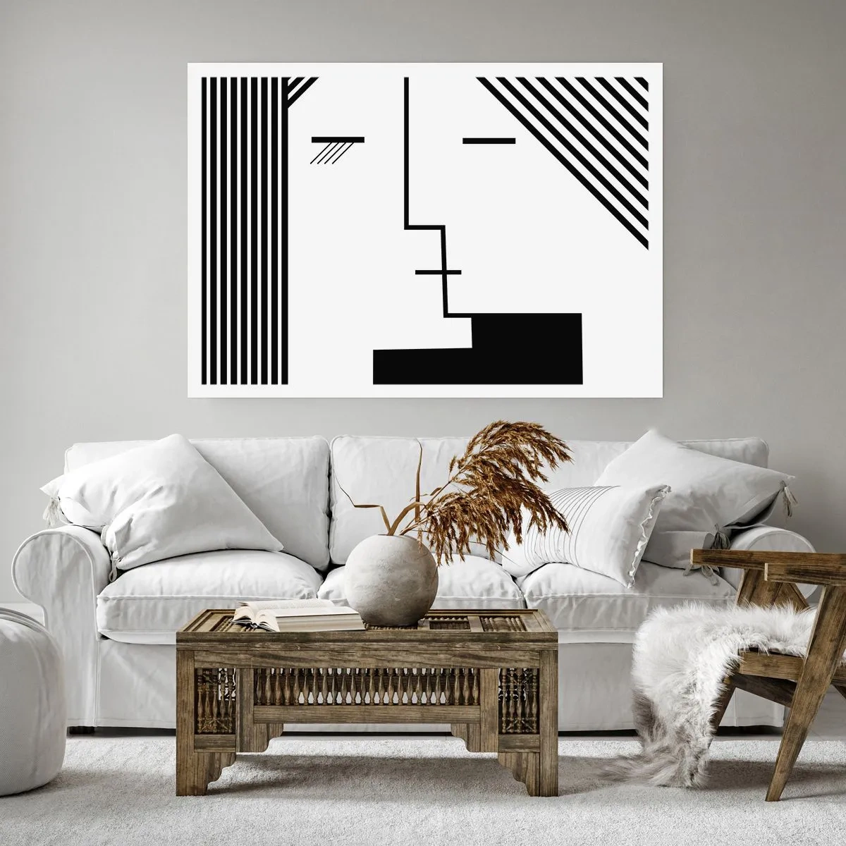 Affiche - Poster - Abstraction géométrique d'un baiser en noir et blanc - 100x70cm - Juste un baiser - Décoration murale moderne pour le salon et la chambre ARTTOR
