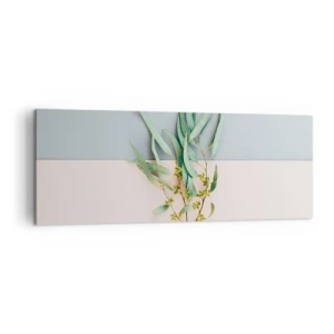 Impression sur toile - Image sur toile - Une branche avec des feuilles sur un fond de tons pastel - 140x50cm - Subtilité pastel - Décoration murale moderne pour le salon et la chambre ARTTOR