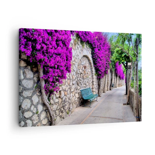 Impression sur toile - Image sur toile - Un chemin de pierre avec un banc et des fleurs violettes en fleurs - 70x50cm - Rencontrons-nous au plus vite - Décoration murale moderne pour le salon et la chambre ARTTOR