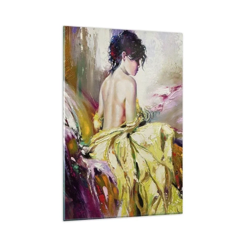Impression sur verre - Image sur verre - Une scène picturale d'une femme sur un lit dans une atmosphère romantique - 80x120cm - Entre les lèvres et le bord de la tasse - Décoration murale moderne pour le salon et la chambre ARTTOR