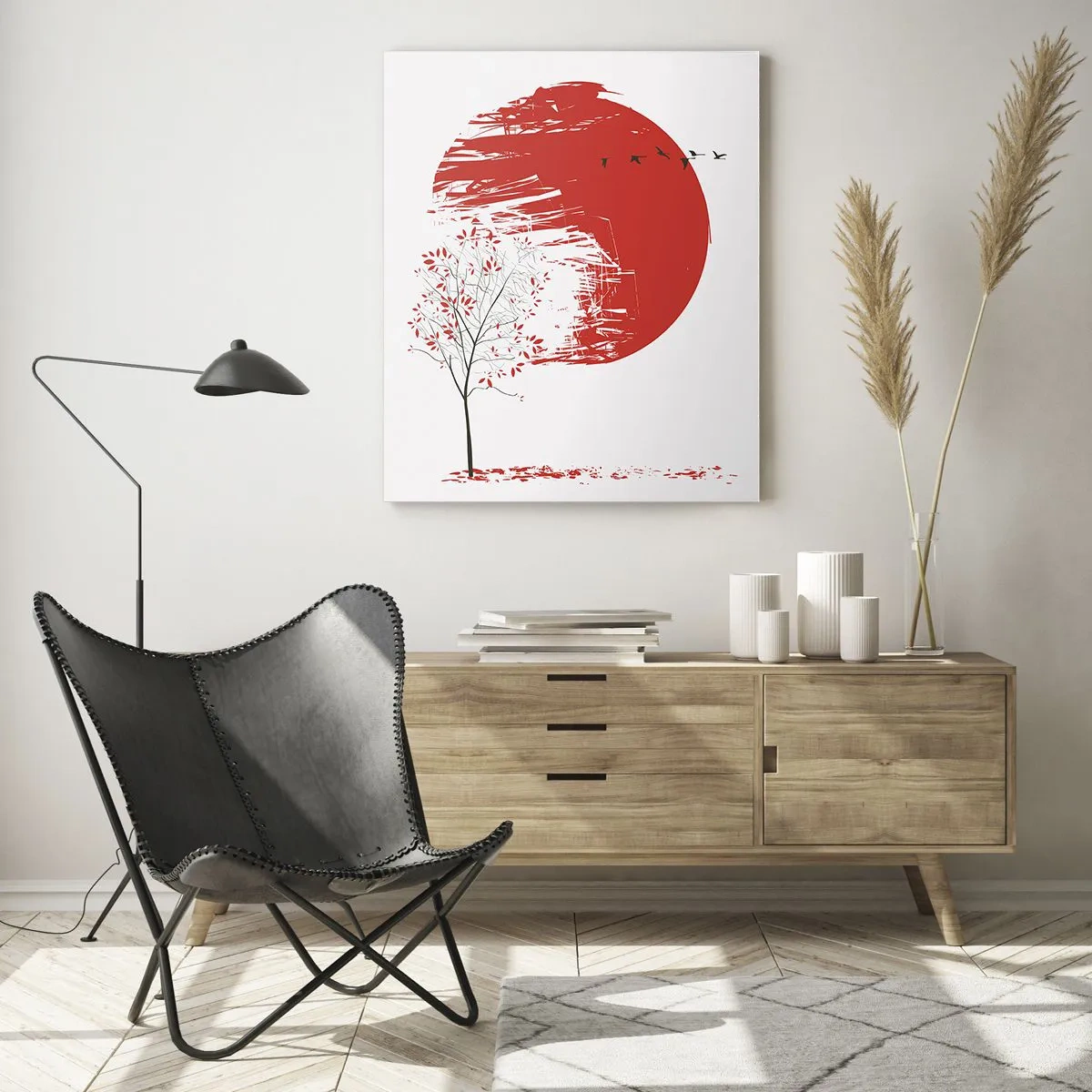 Impression sur verre - Image sur verre - Cercle rouge et arbre de style japonais - 80x120cm - Connaissez-vous ce pays ? - Décoration murale moderne pour le salon et la chambre ARTTOR