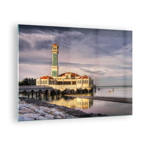 Impression sur verre - Image sur verre - Mosquée sur l'eau dans une lumière pittoresque - 70x50cm - Temple de la nature - Décoration murale moderne pour le salon et la chambre ARTTOR