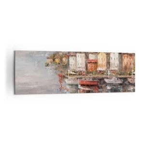Impression sur toile - Image sur toile - Paysage de bord de mer avec des bateaux et des maisons colorées - 160x50cm - Havre romantique - Décoration murale moderne pour le salon et la chambre ARTTOR