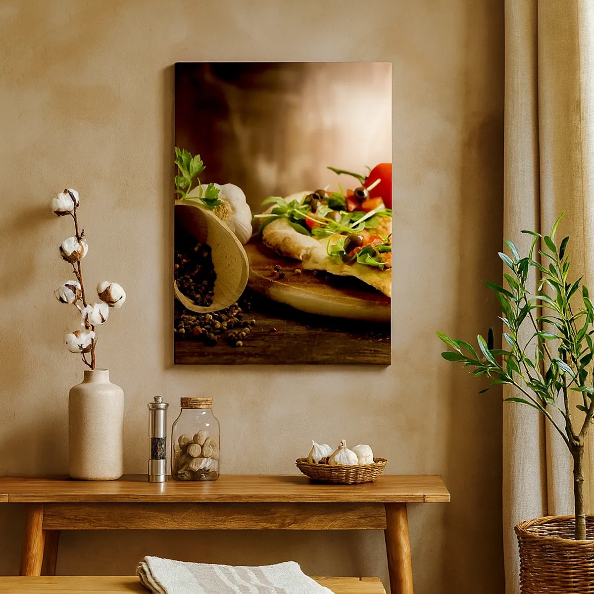 Impression sur toile - Image sur toile - Pizza aux légumes sur une planche en bois dans un style rustique - 50x70cm - Directement du four et du jardin - Décoration murale moderne pour le salon et la chambre ARTTOR