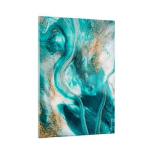 Impression sur verre - Image sur verre - Une composition abstraite en turquoise avec des accents dorés. - 50x70cm - Rivière d'or - Décoration murale moderne pour le salon et la chambre ARTTOR