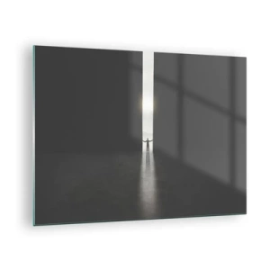 Impression sur verre - Image sur verre - Silhouette d'un homme ouvrant une porte sur une lumière vive - 70x50cm - Étape vers un avenir radieux - Décoration murale moderne pour le salon et la chambre ARTTOR