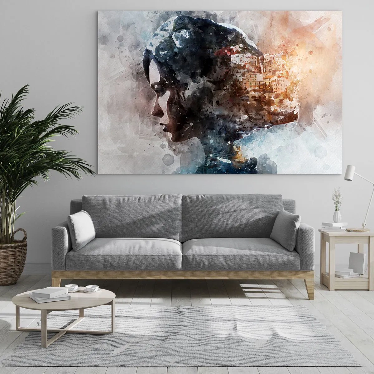 Impression sur verre - Image sur verre - Un profil de femme de style aquarelle avec une ville en arrière-plan. - 100x70cm - L'histoire d'une fille avec une ville en arrière-plan - Décoration murale moderne pour le salon et la chambre ARTTOR