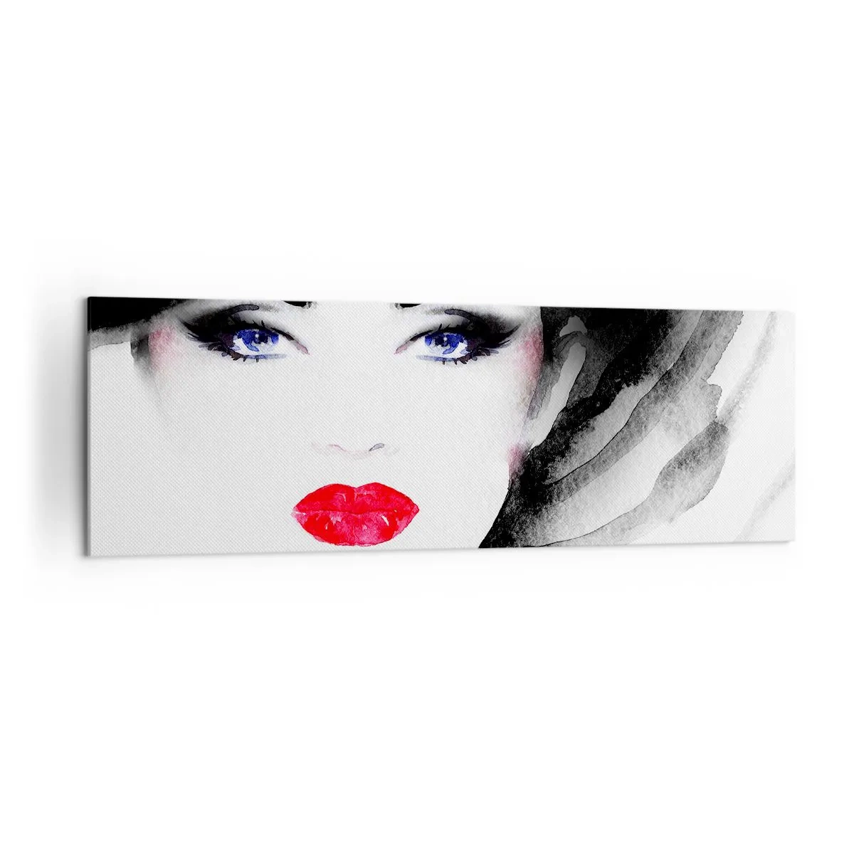 Impression sur toile - Image sur toile - Portrait d'une femme aux lèvres rouges et aux yeux bleus intenses - 160x50cm - Elle repousse et attire - Décoration murale moderne pour le salon et la chambre ARTTOR