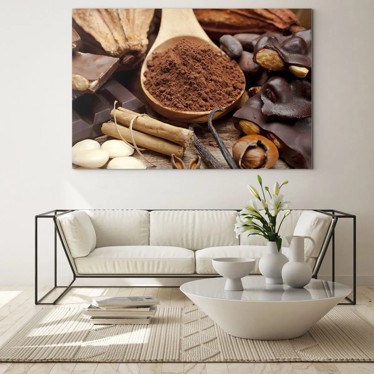 Impression sur verre - Image sur verre - Une cuillerée de cacao entourée de chocolat, d'épices et de noix - 70x50cm - La meilleure pour les chagrins - Décoration murale moderne pour le salon et la chambre ARTTOR