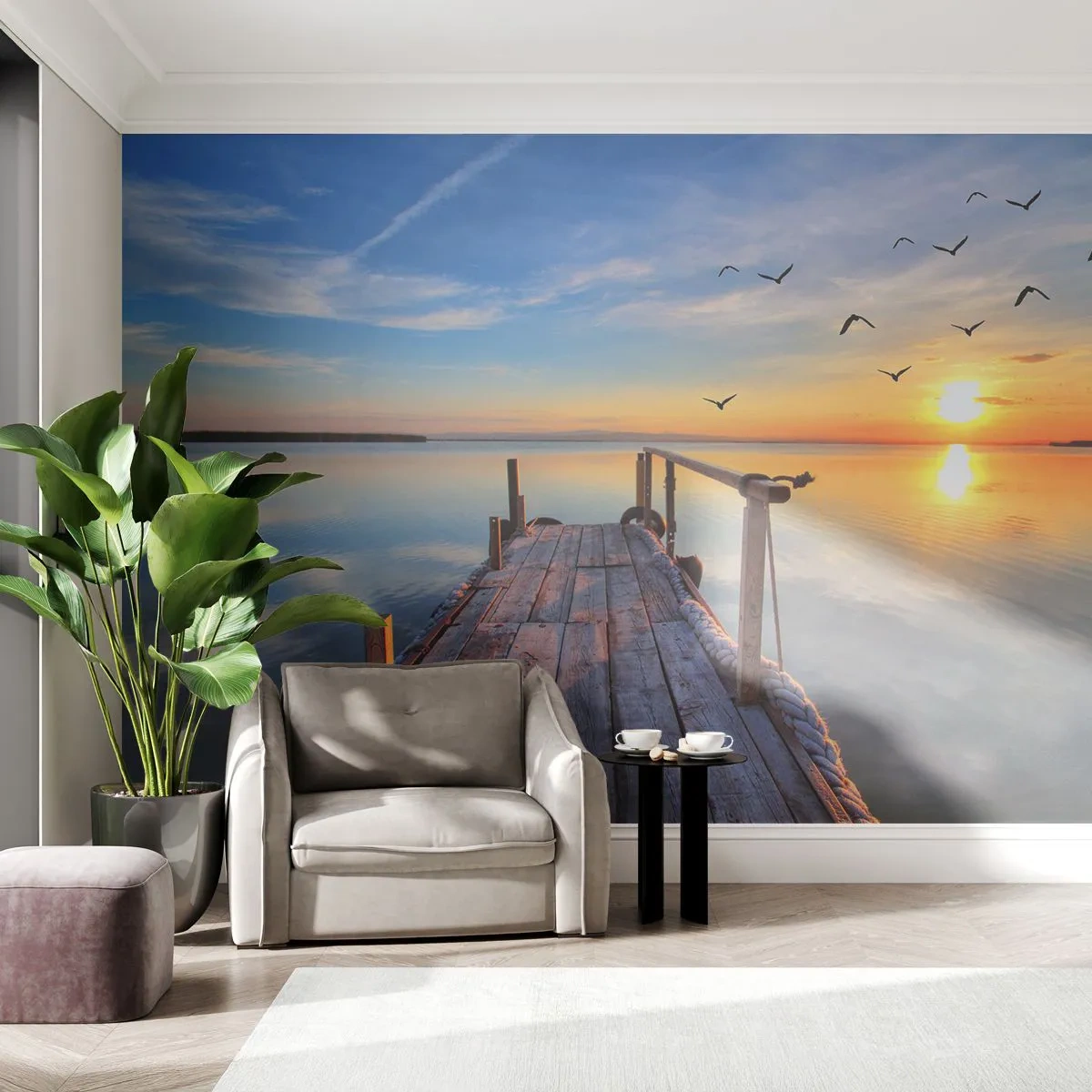 Papier Peint Autocollant Deluxe Sticker - Marcher droit vers le soleil - Paysage, Lac, Pont de bois - 250x175 cm