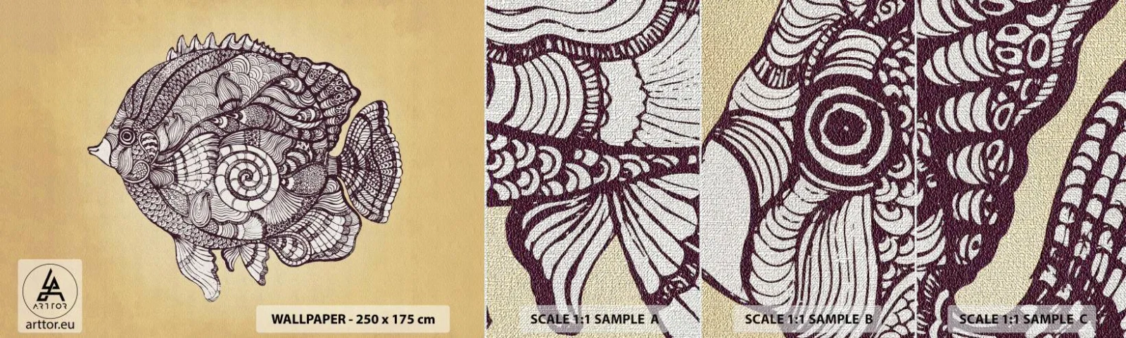 Échantillon de Papier Peint Premium Canvas - D'un océan d'ornements - Poisson, Ornement, Décoration - 100x30 cm