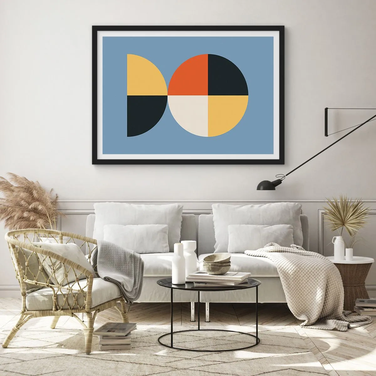 Affiche dans un cadre noir - Poster - Cercles géométriques sur fond bleu - 100x70cm - Regarde et compte - Décoration murale moderne pour le salon et la chambre ARTTOR