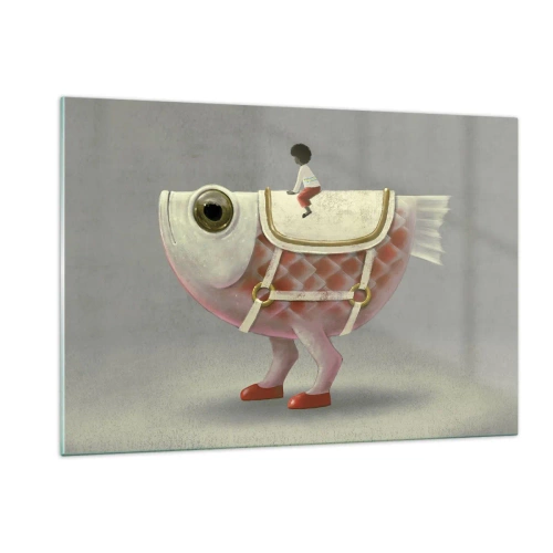Impression sur verre - Image sur verre - Une figure chevauchant un poisson rose avec des jambes et une selle - 120x80cm - Le cavalier poisson - Décoration murale moderne pour le salon et la chambre ARTTOR