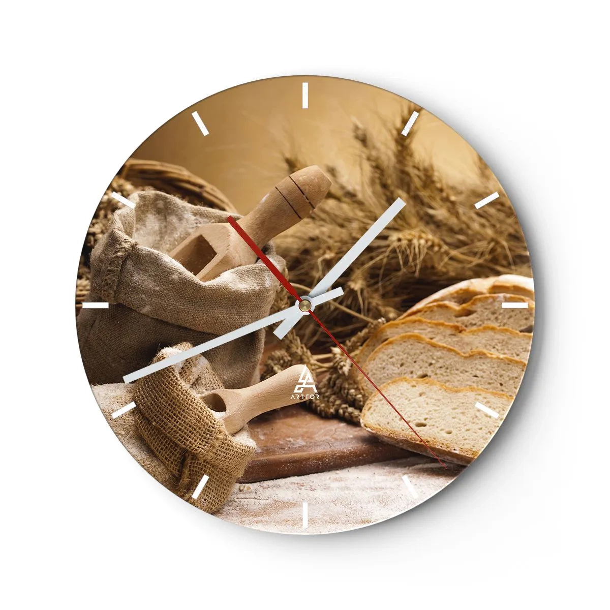 Horloge murale - Pendule murale - Un sac de farine, du pain et des épis de céréales dans un style rustique - 30x30cm - Comment il coupe avec un couteau - Décoration murale moderne pour le salon, la cuisine et la chambre ARTTOR