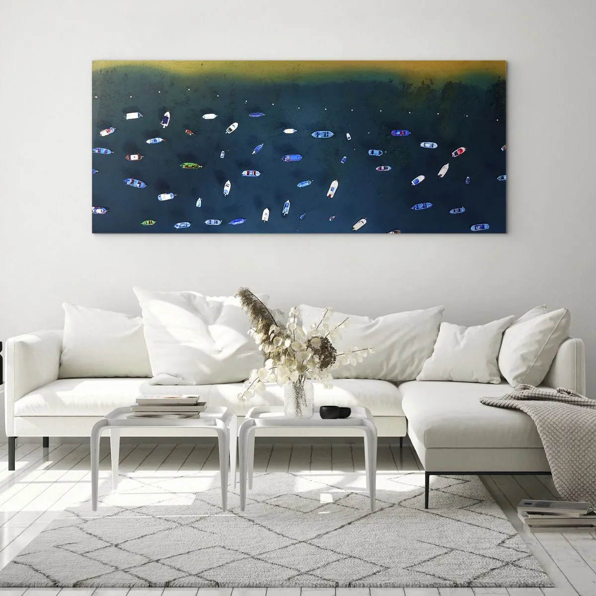 Impression sur verre - Image sur verre - Vue aérienne de bateaux sur l'eau et d'un rivage sablonneux - 120x50cm - Jeu de vacances - Décoration murale moderne pour le salon et la chambre ARTTOR