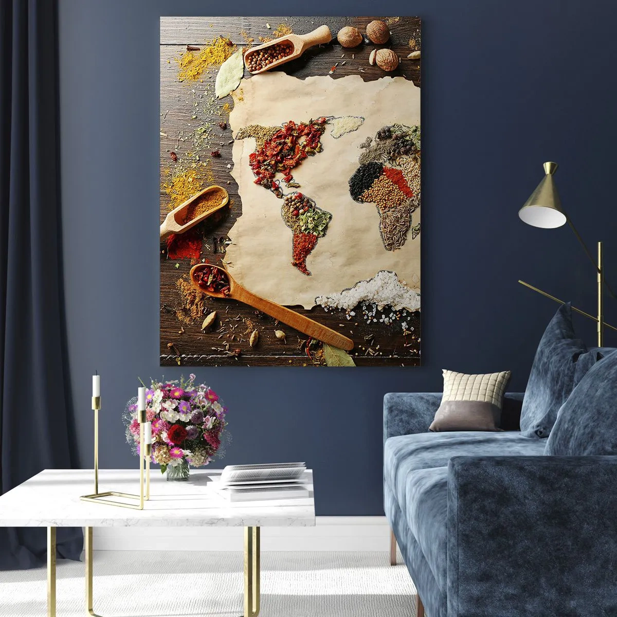 Impression sur verre - Image sur verre - Une carte du monde faite d'épices sur un fond en bois. - 70x100cm - Toutes les saveurs du monde - Décoration murale moderne pour le salon et la chambre ARTTOR