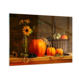 Impression sur verre - Image sur verre - Nature morte d'automne avec citrouilles et fleurs - 100x70cm - Une composition rustique - cadeaux d'automne - Décoration murale moderne pour le salon et la chambre ARTTOR