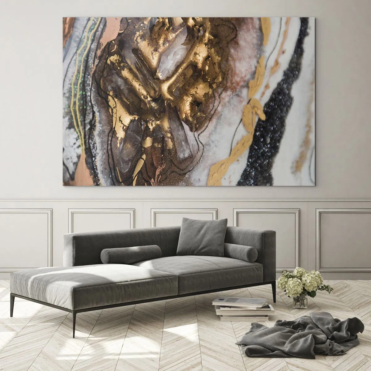 Impression sur verre - Image sur verre - Une peinture abstraite dans des tons d'or, de marron et de blanc avec une texture minérale. - 100x70cm - Élément de la terre - Décoration murale moderne pour le salon et la chambre ARTTOR