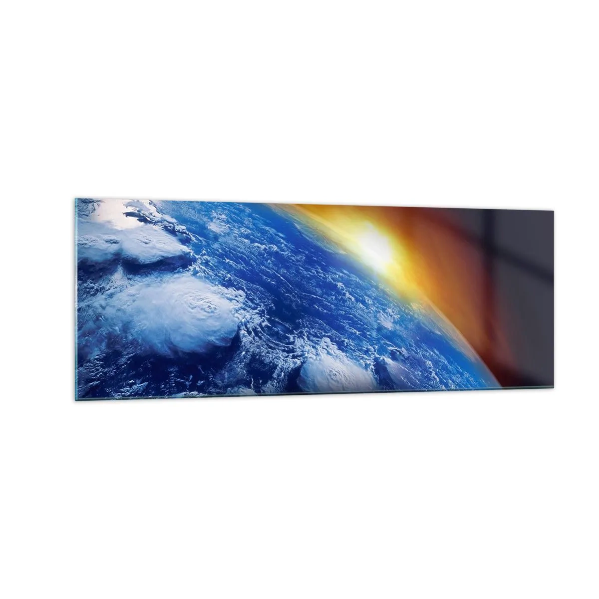 Impression sur verre - Image sur verre - Vue de la Terre depuis l'espace au coucher du soleil - 140x50cm - Lever de soleil sur la planète bleue - Décoration murale moderne pour le salon et la chambre ARTTOR