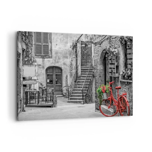 Impression sur toile - Image sur toile - Un vélo rouge dans une rue en noir et blanc - 100x70cm - Ruelle toscane - Décoration murale moderne pour le salon et la chambre ARTTOR