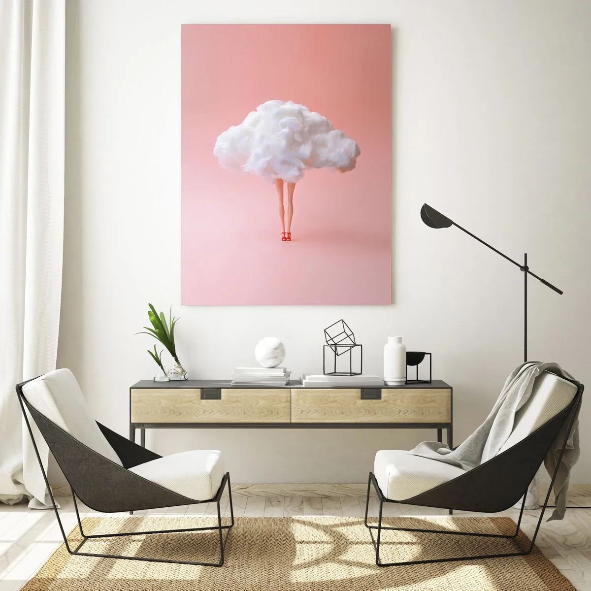 Impression sur verre - Image sur verre - Jambes dans un nuage sur fond rose - 70x100cm - Douce promesse - Décoration murale moderne pour le salon et la chambre ARTTOR