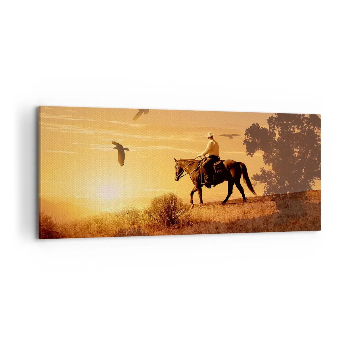 Impression sur toile - Image sur toile - Un cavalier sur un cheval au coucher du soleil contre la prairie - 120x50cm - Seul à travers la prairie - Décoration murale moderne pour le salon et la chambre ARTTOR