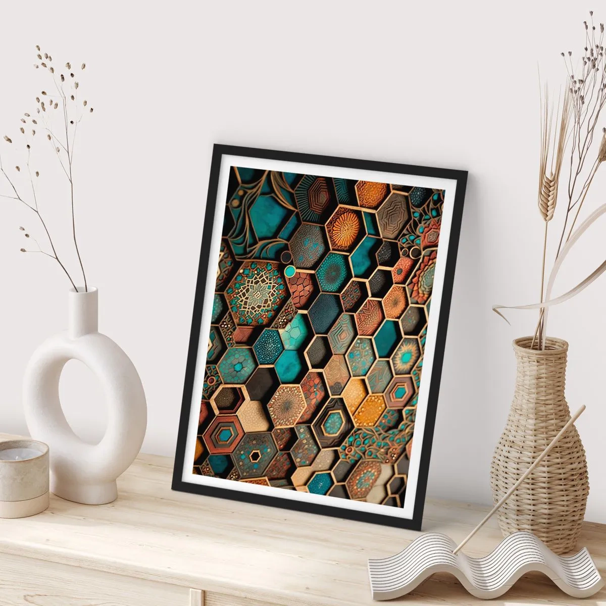 Affiche dans un cadre noir - Poster - Une composition géométrique d'hexagones dans une palette or et turquoise. - 50x70cm - Ornements arabes – variation - Décoration murale moderne pour le salon et la chambre ARTTOR