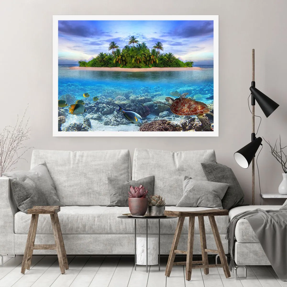 Affiche - Poster - Une île tropicale entourée d'un océan turquoise avec un récif de corail et des poissons. - 100x70cm - L'île céleste vous invite - Décoration murale moderne pour le salon et la chambre ARTTOR