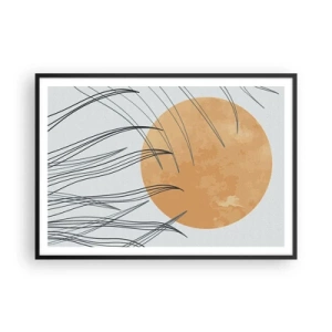 Affiche dans un cadre noir - Poster - Brins d'herbe abstraits sur fond de grand soleil orange - 100x70cm - Toujours vers le soleil - Décoration murale moderne pour le salon et la chambre ARTTOR