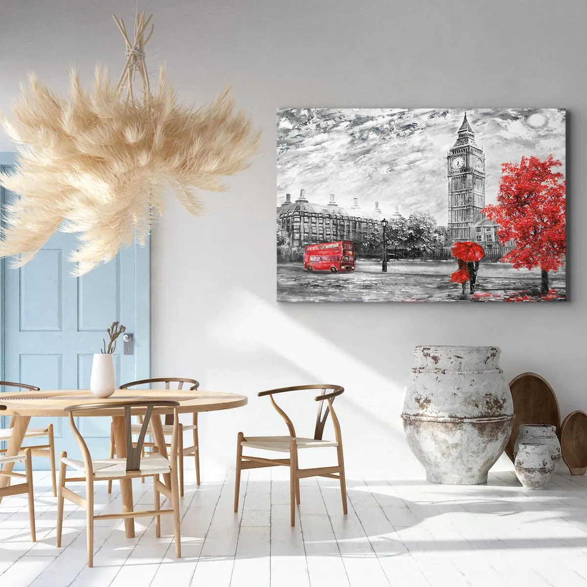 Impression sur toile - Image sur toile - Vue emblématique de Londres avec Big Ben, un bus rouge et un parapluie - 120x80cm - Une journée passionnante - Décoration murale moderne pour le salon et la chambre ARTTOR