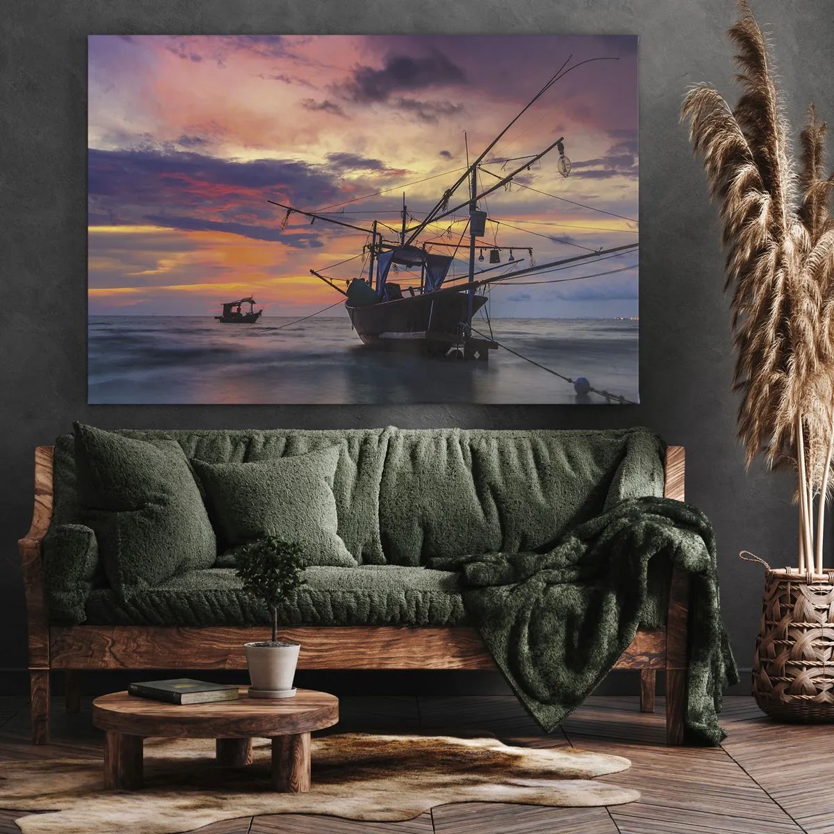 Impression sur toile - Image sur toile - Un bateau de pêche sur fond de coucher de soleil coloré - 70x50cm - Soirée exotique - Décoration murale moderne pour le salon et la chambre ARTTOR