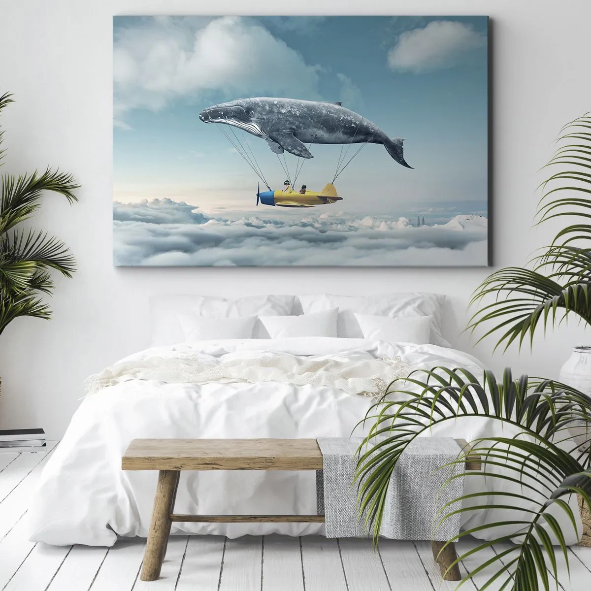 Impression sur toile - Image sur toile - Une baleine volante transporte un avion dans un décor surréaliste. - 70x50cm - Pourquoi pas? - Décoration murale moderne pour le salon et la chambre ARTTOR