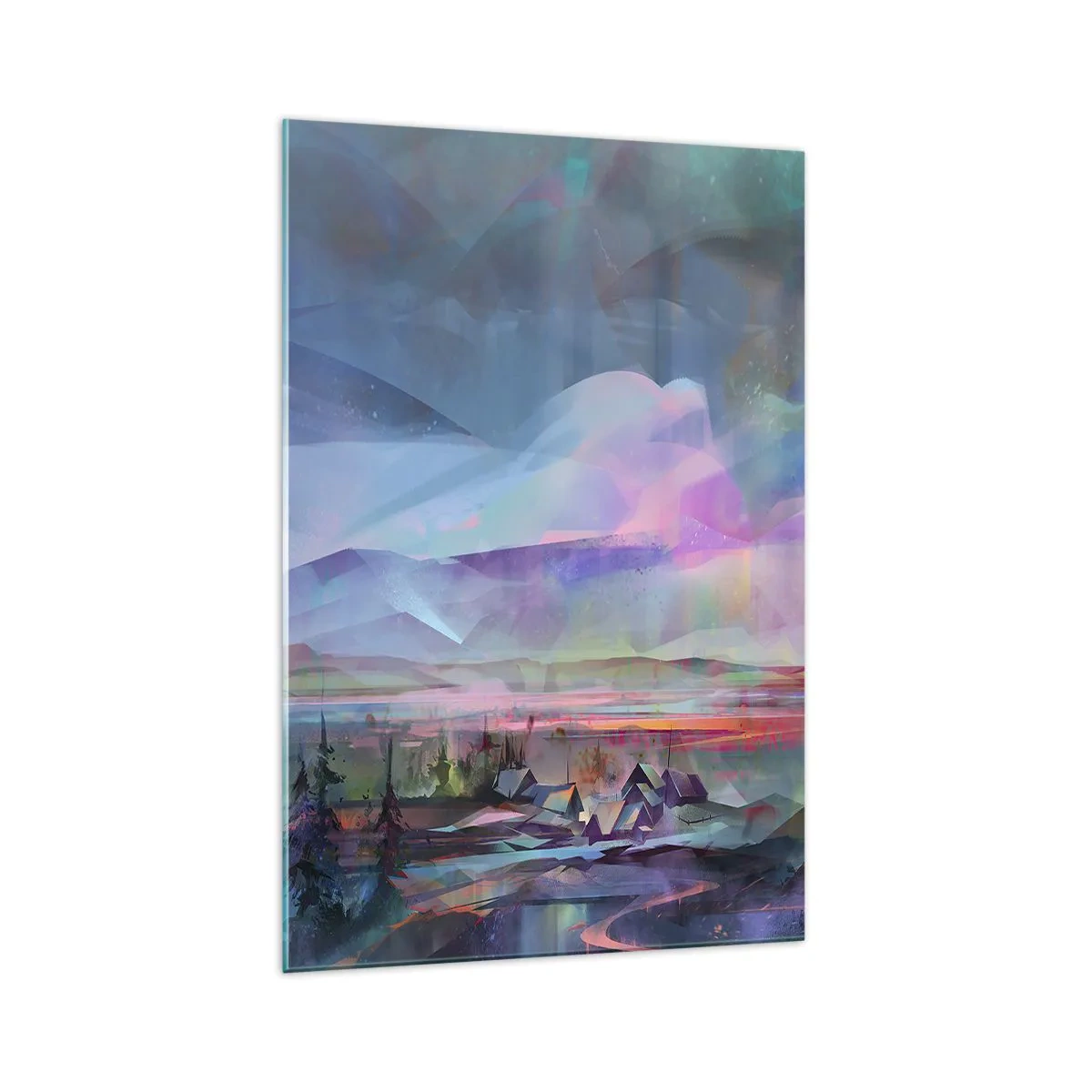 Impression sur verre - Image sur verre - Paysage de montagne avec un ciel coloré et un village - 70x100cm - Sous un ciel bienveillant - Décoration murale moderne pour le salon et la chambre ARTTOR