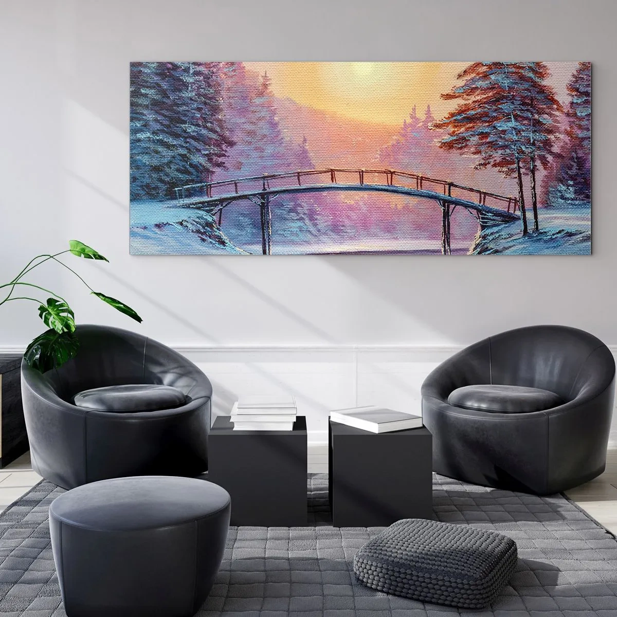 Impression sur verre - Image sur verre - Paysage d'hiver avec un pont illuminé par le coucher du soleil - 120x50cm - Quatre saisons - hiver - Décoration murale moderne pour le salon et la chambre ARTTOR