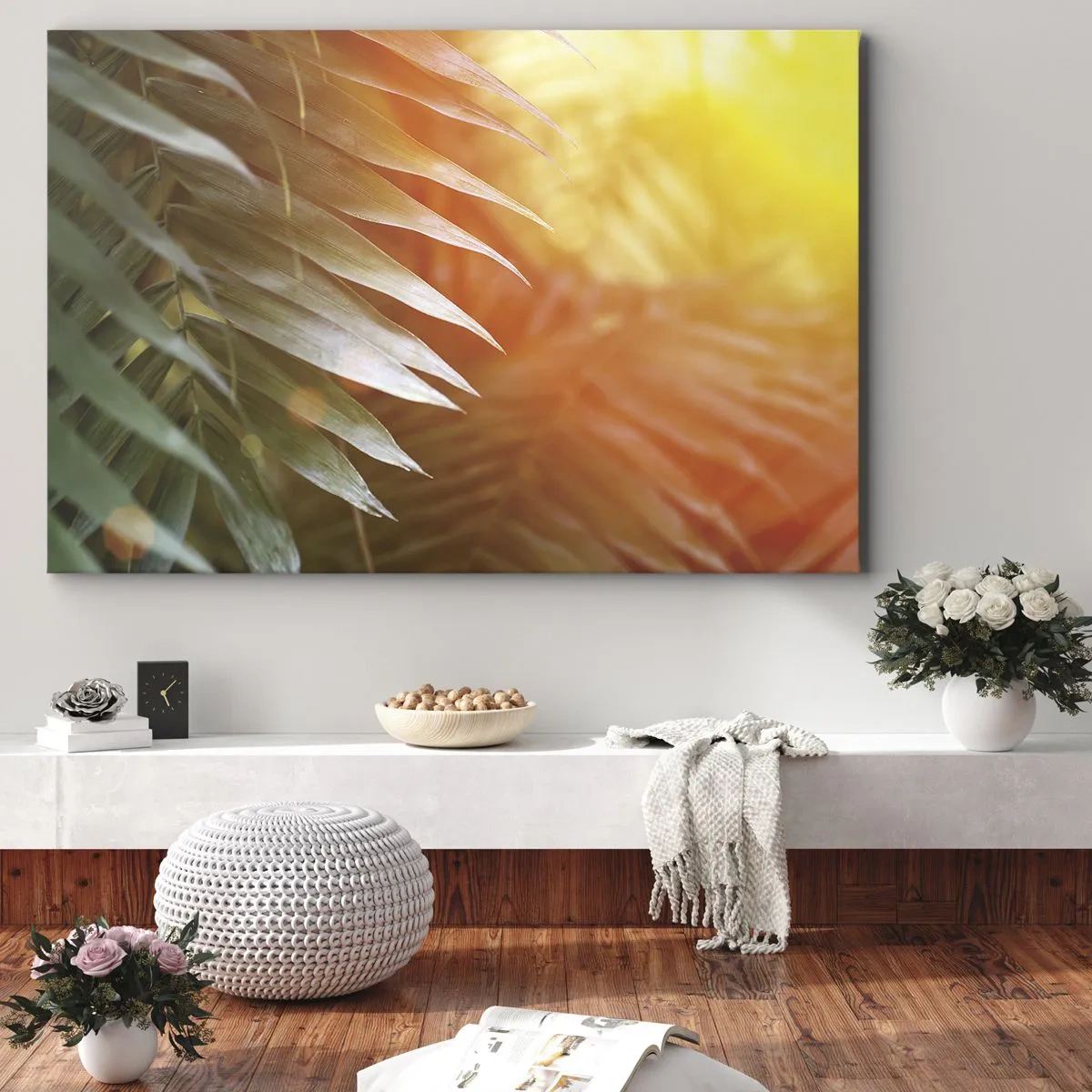 Impression sur toile - Image sur toile - Feuilles de palmier dans les rayons du soleil couchant - 70x50cm - Matinée dans la jungle - Décoration murale moderne pour le salon et la chambre ARTTOR