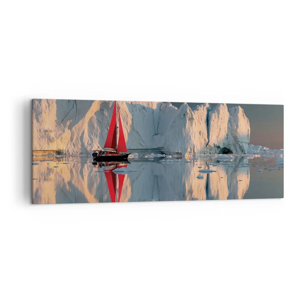 Impression sur toile - Image sur toile - Un voilier avec une voile rouge sur fond de glacier - 140x50cm - Aux limites du monde - Décoration murale moderne pour le salon et la chambre ARTTOR