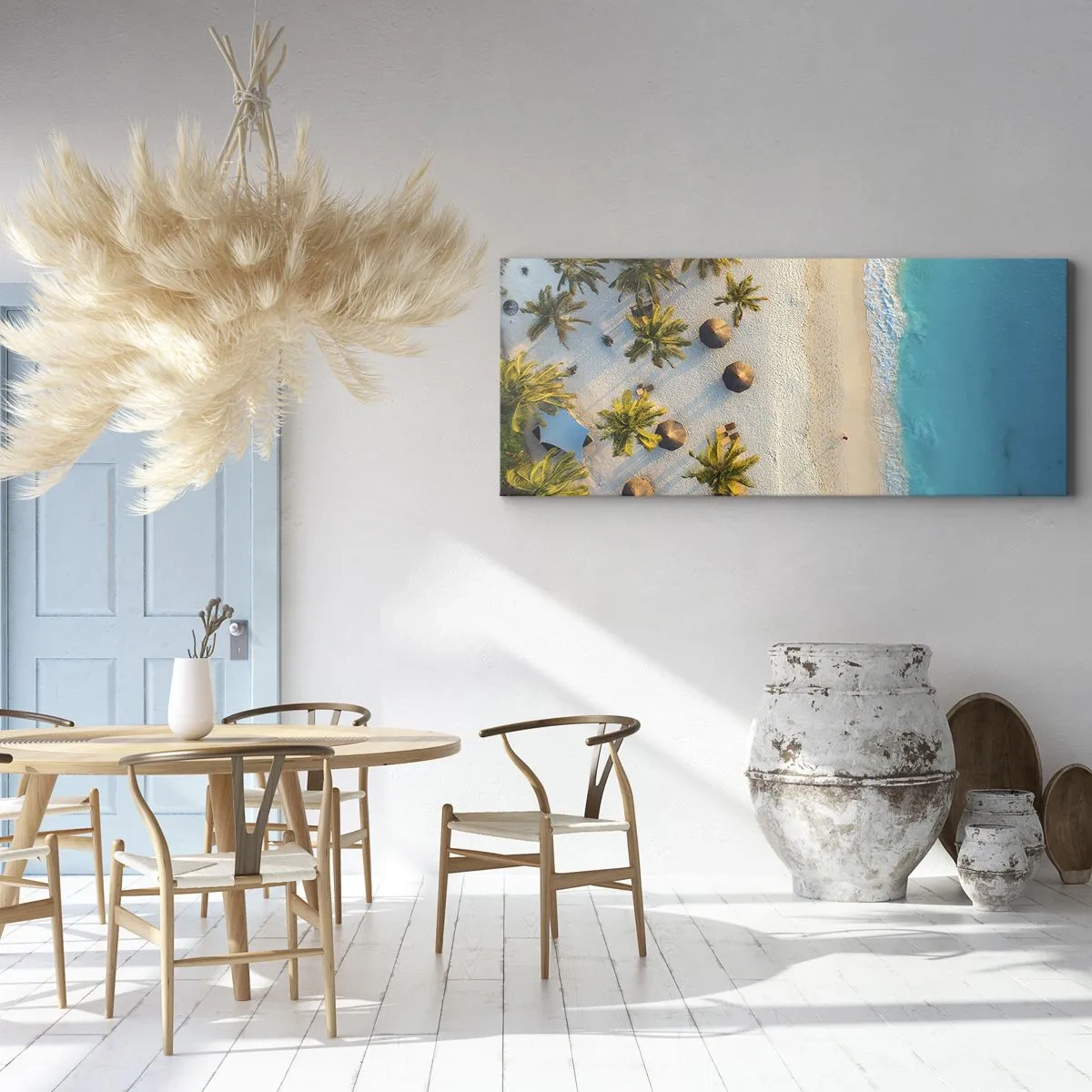Impression sur toile - Image sur toile - Vue d'une plage tropicale avec des palmiers et une mer turquoise - 120x50cm - Bienvenue au paradis - Décoration murale moderne pour le salon et la chambre ARTTOR