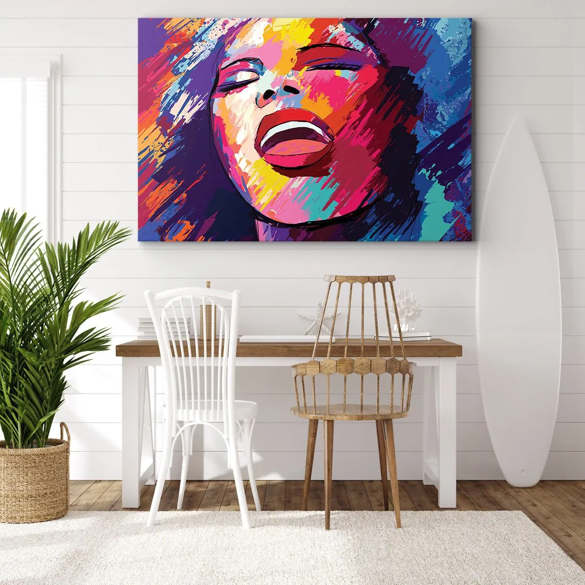 Impression sur toile - Image sur toile - Portrait abstrait d'une femme aux couleurs vives - 100x70cm - Chante toute ma vie - Décoration murale moderne pour le salon et la chambre ARTTOR