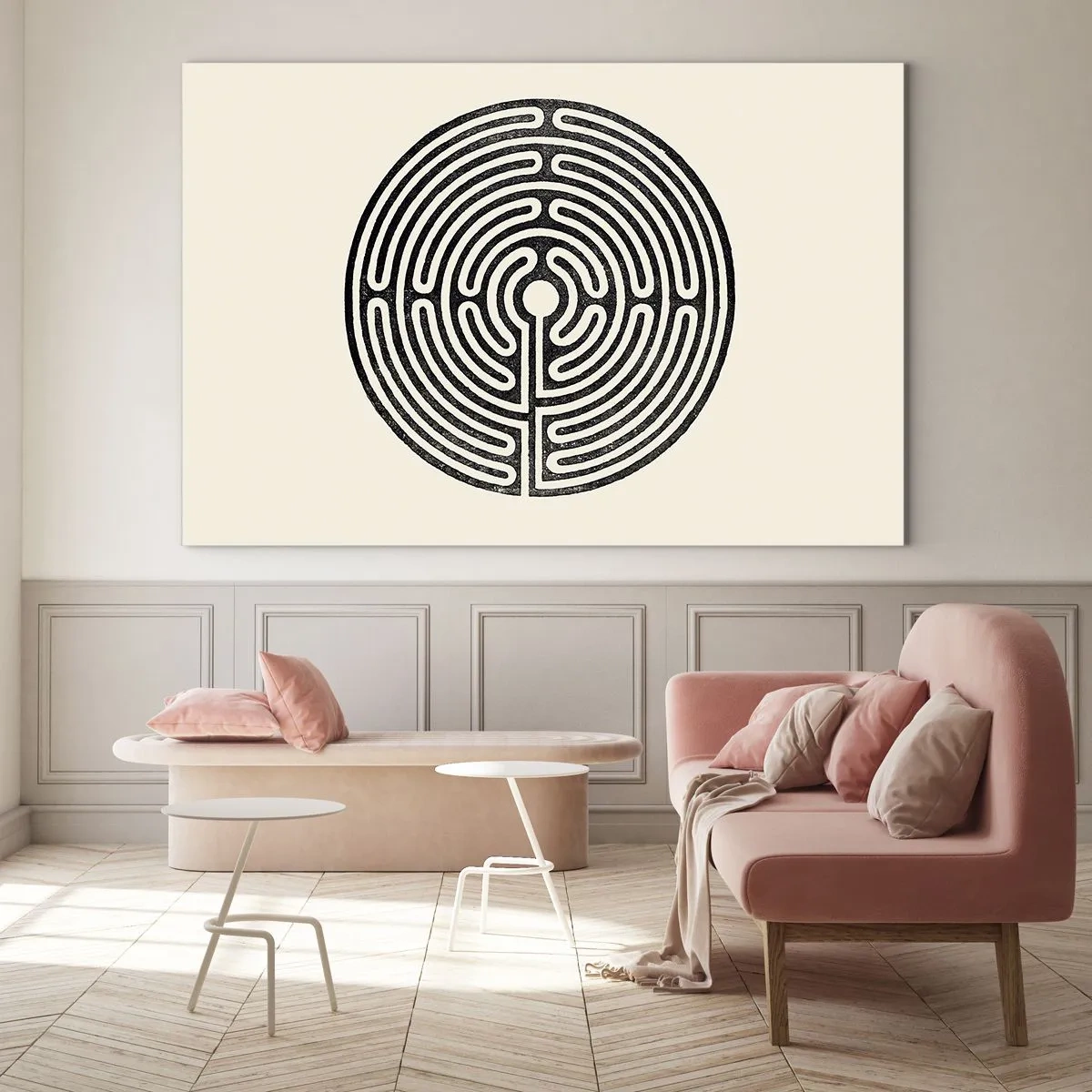 Impression sur verre - Image sur verre - Un labyrinthe noir et blanc de forme circulaire sur fond clair. - 70x50cm - Ordre mystérieux - Décoration murale moderne pour le salon et la chambre ARTTOR