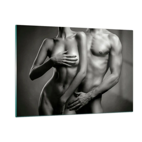 Impression sur verre - Image sur verre - Composition en noir et blanc avec des silhouettes nues d'un couple - 120x80cm - Adam et Eve - Décoration murale moderne pour le salon et la chambre ARTTOR