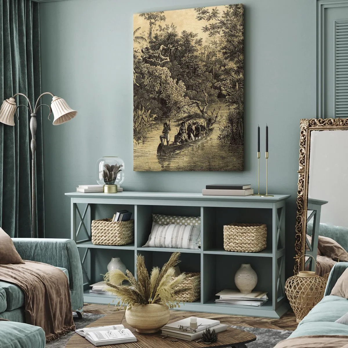 Impression sur toile - Image sur toile - Dessin d'une jungle avec un bateau sur une rivière - 70x100cm - Expédition à la source - Décoration murale moderne pour le salon et la chambre ARTTOR