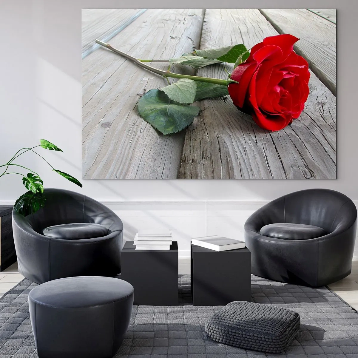 Impression sur verre - Image sur verre - Rose rouge sur une planche de bois - 120x80cm - Étude écarlate - Décoration murale moderne pour le salon et la chambre ARTTOR