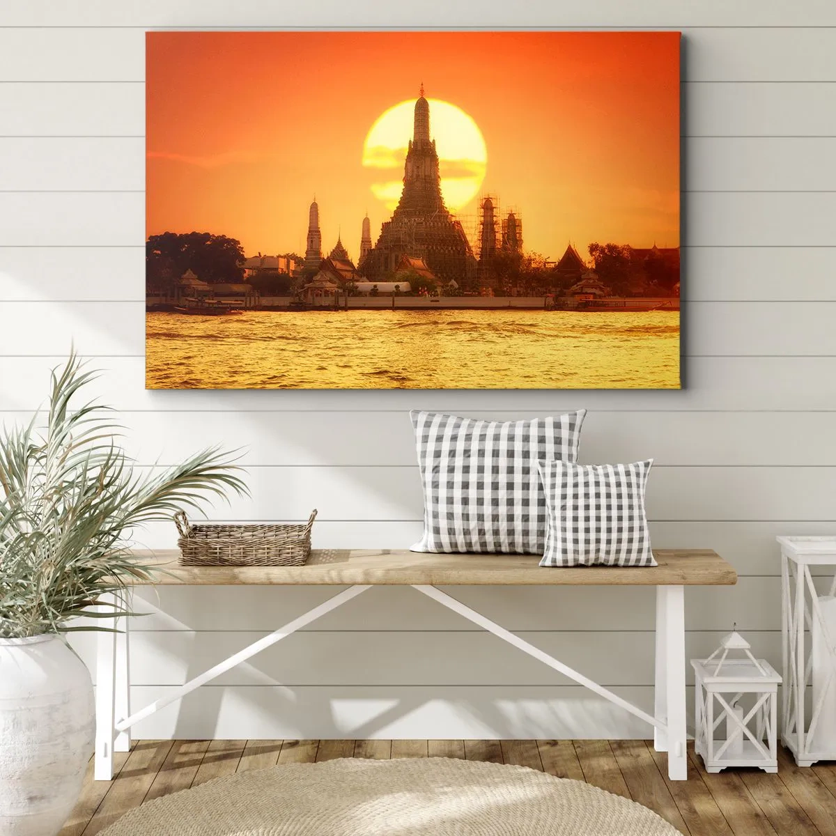 Impression sur toile - Image sur toile - Coucher de soleil sur le temple avec reflet dans l'eau - 70x50cm - Vers le soleil, toujours vers le soleil - Décoration murale moderne pour le salon et la chambre ARTTOR