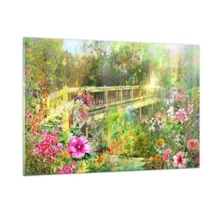 Impression sur verre - Image sur verre - Un pont entouré d'une végétation luxuriante et de fleurs colorées - 120x80cm - Le soupire d'un pont de printemps - Décoration murale moderne pour le salon et la chambre ARTTOR