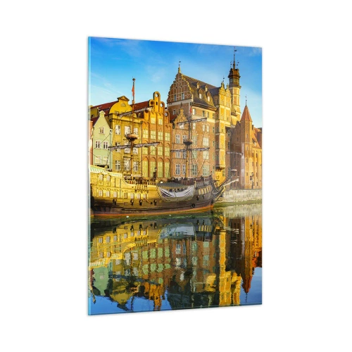 Impression sur verre - Image sur verre - La vieille ville de Gdańsk avec un reflet dans l'eau - 50x70cm - Reflet dans le miroir du passé - Décoration murale moderne pour le salon et la chambre ARTTOR