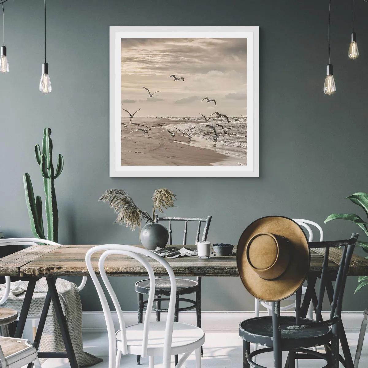 Affiche dans un cadre blanc - Poster - Le bruit de la mer, le chant des oiseaux - 60x60 cm