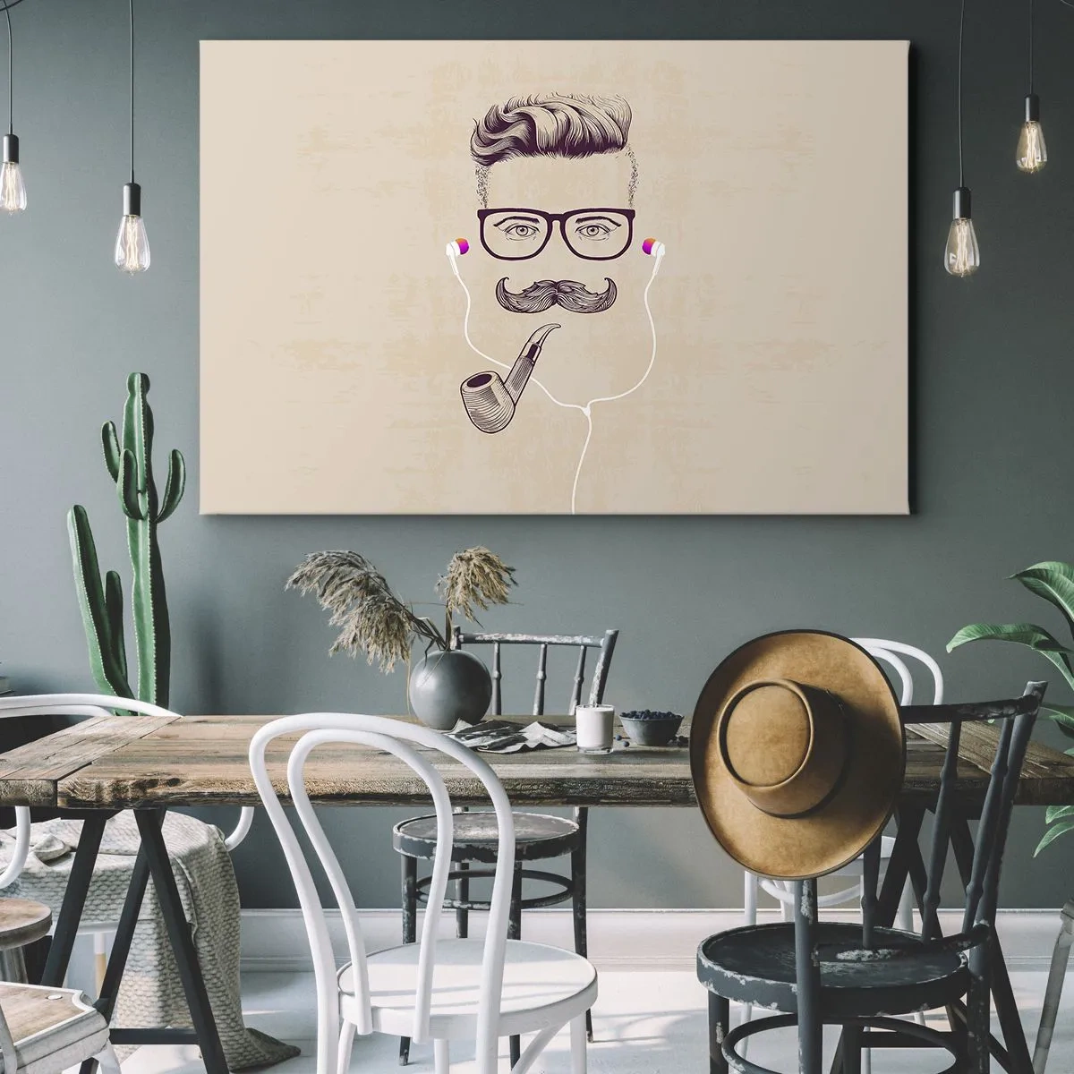 Impression sur toile - Image sur toile - Portrait rétro d'un homme avec une pipe, des écouteurs et des lunettes - 70x50cm - Un vrai homme? - Décoration murale moderne pour le salon et la chambre ARTTOR