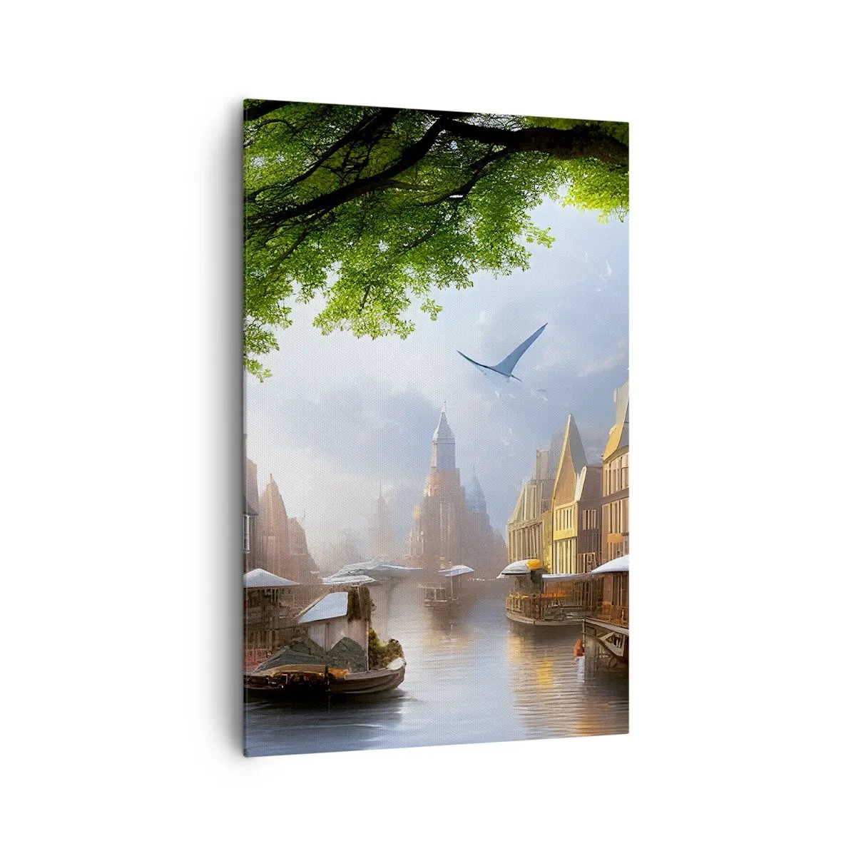 Impression sur toile - Image sur toile - Un paysage hollandais pittoresque avec un canal et des maisons de rapport - 80x120cm - Paysage urbain néerlandais - Décoration murale moderne pour le salon et la chambre ARTTOR