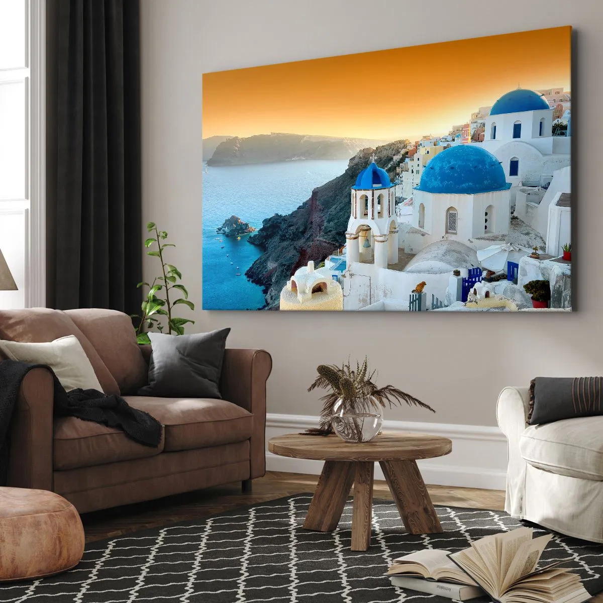 Impression sur toile - Image sur toile - Vue de Santorin avec des bâtiments blancs et une mer bleue - 70x50cm - Santorin - blotti contre les rochers - Décoration murale moderne pour le salon et la chambre ARTTOR